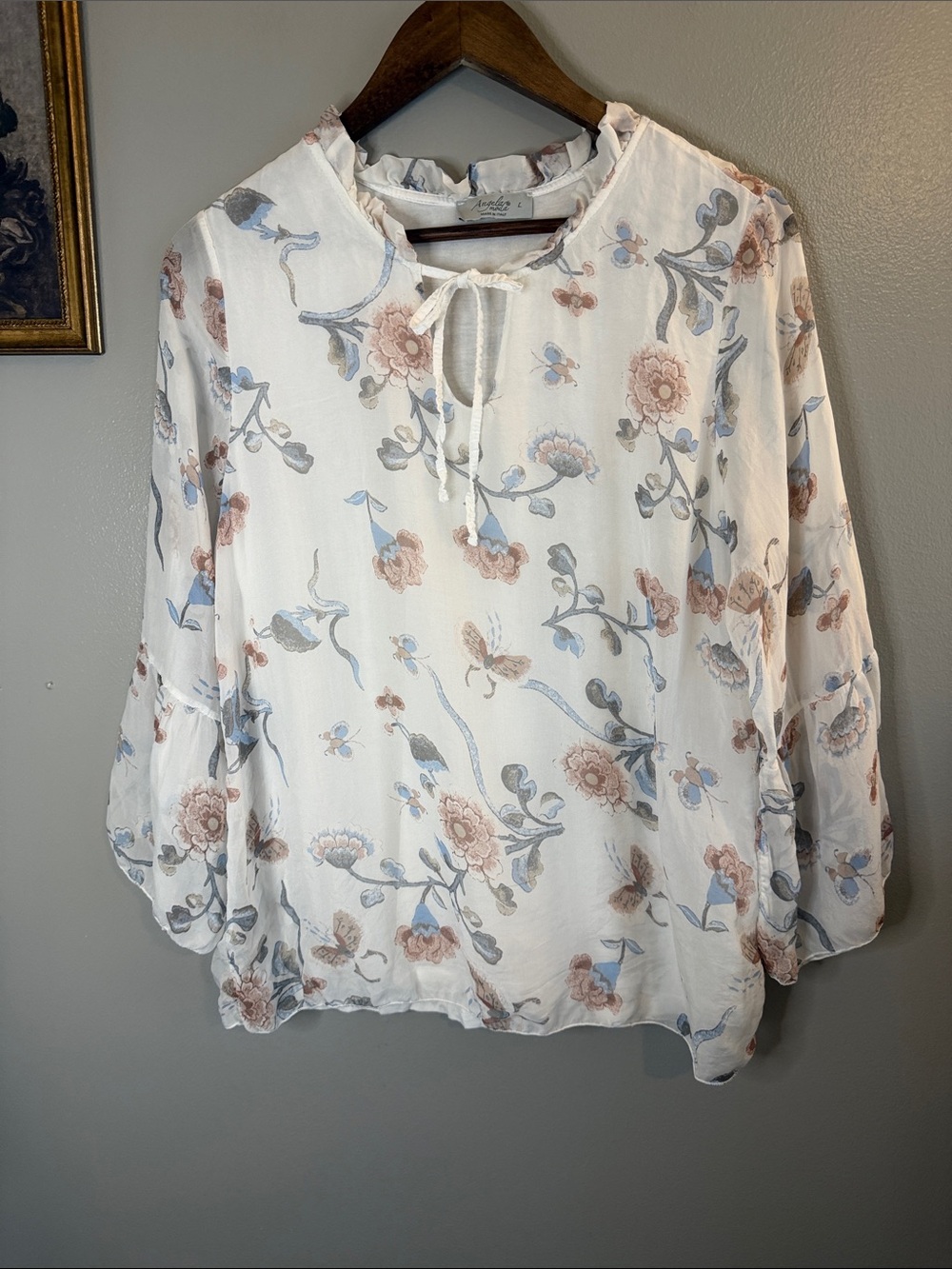 Angela Moda Made in Italy 100% Silk Floral Peasant Blouse Large Boho Cottagecore - Picture 4 of 8